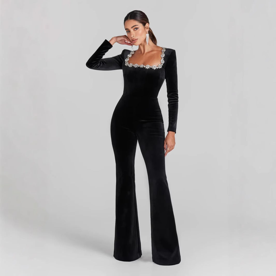 Velvet Embellished Neckline Slim Fit Jumpsuit