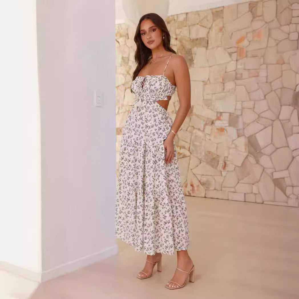 Women's Maxi Dress – Sleeveless with V-Neck – Light Cotton Blend – A-Line Cut – Cut-Out Details