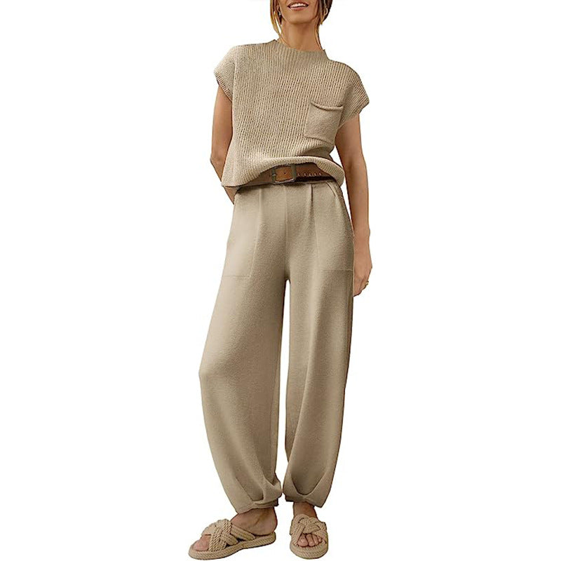 Women's Knit Set – Cropped Top with Chest Pocket – High-Waisted Wide Pants