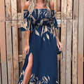 Women's Maxi Dress – Off Shoulder – Floral Pattern – Tie Detail – Slit – Light and Flowy