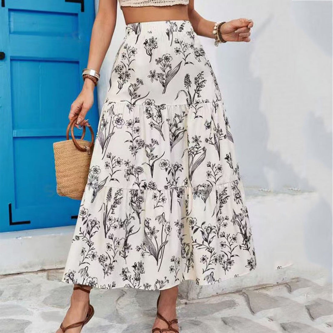 Light Breathable Floral Print Midi Skirt