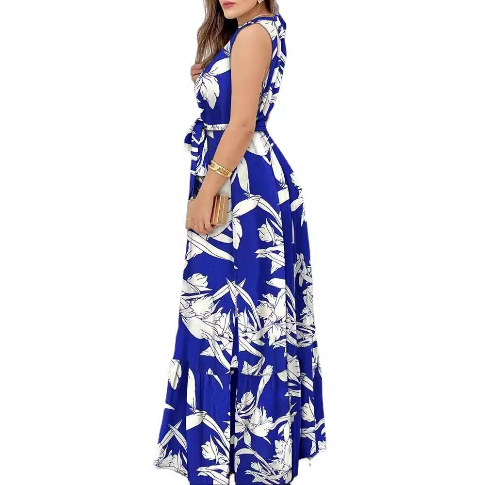 Women's Maxi Dress – Halterneck – Floral Print – Belted Waist – Ruched Hem