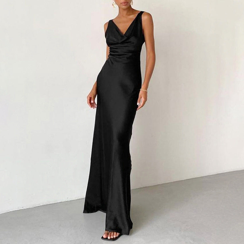Satin Draped Neckline Slim Fit Evening Dress