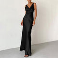 Women's Evening Dress – Satin – Slim Fit – Draped Neckline – Spaghetti Straps – Floor Length