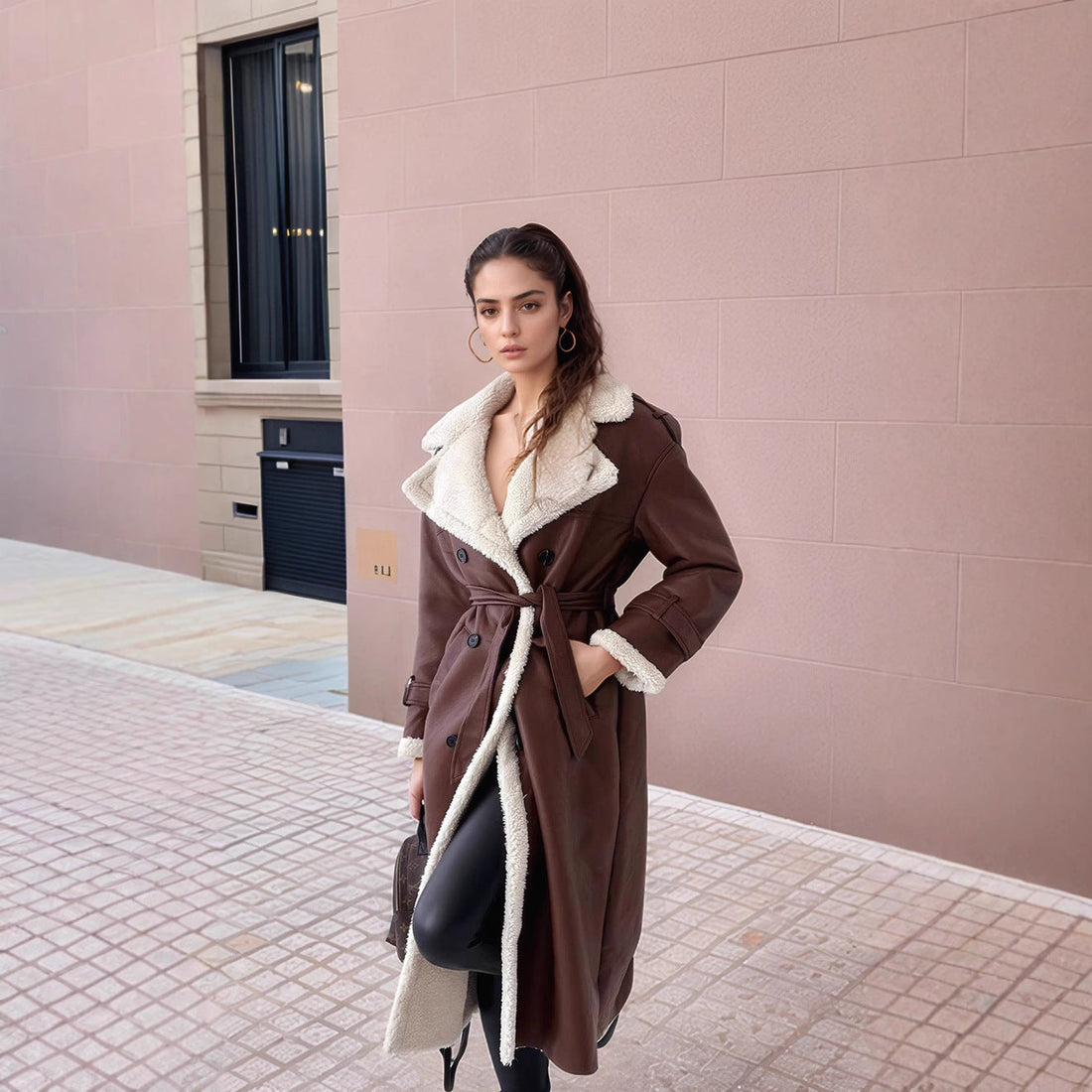 Tailored Plush Lined Leather Look Long Coat