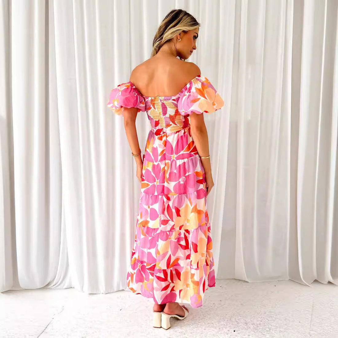 Off-shoulder Puff Sleeve Smocked Maxi Dress
