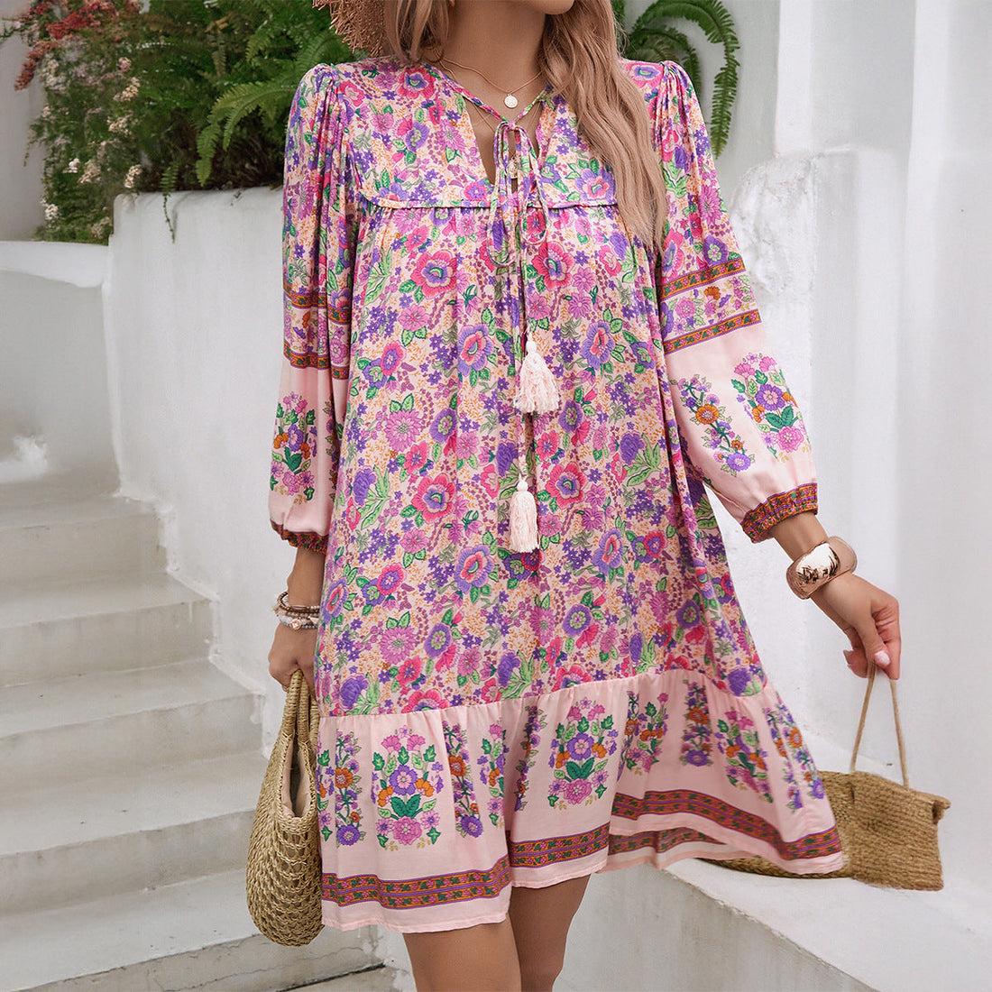 Floral Loose Fit V-Neck Dress