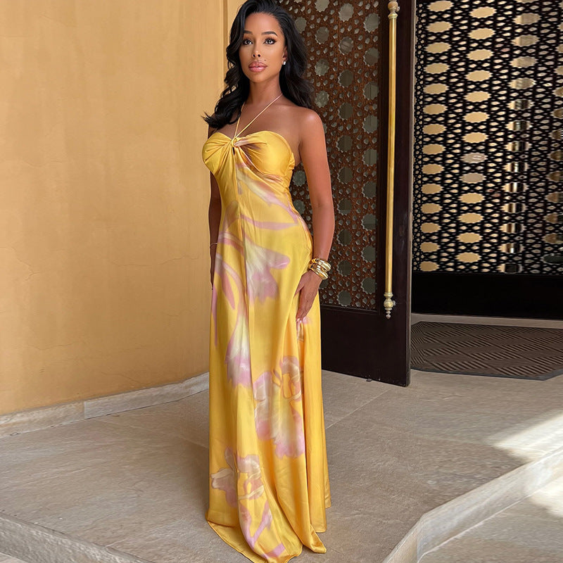Women's Maxi Dress – Satin Look – Strapless Bandeau – Halterneck with Print