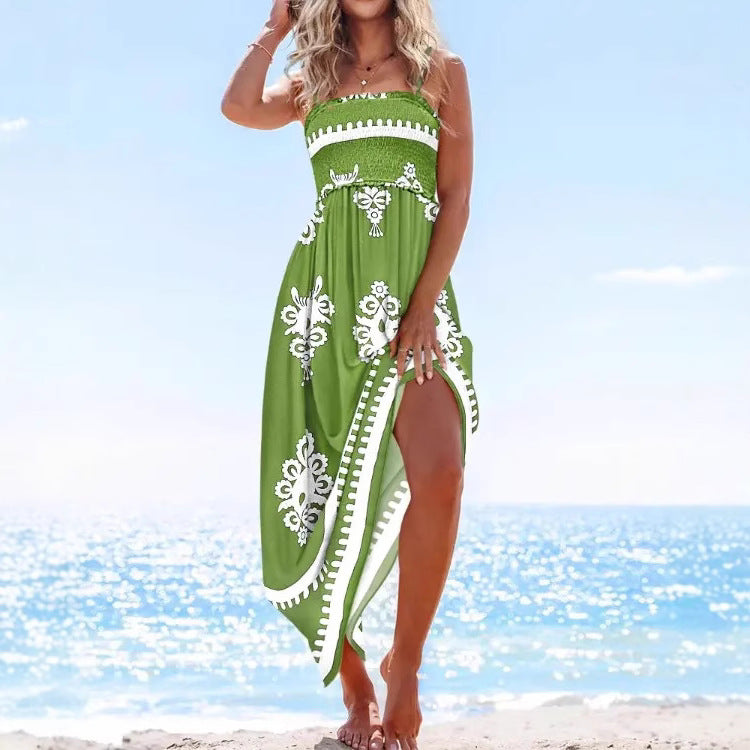 Strapless Smocked Print Side Slit Midi Dress