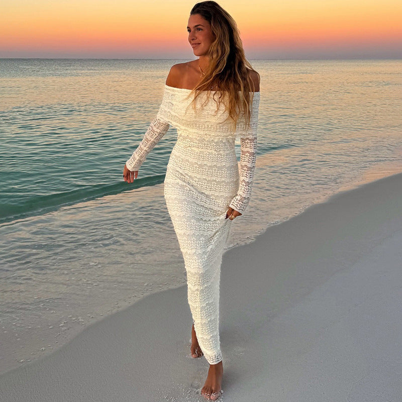 Women's Maxi Dress – Lace – Slim Fit – Off-Shoulder with Long Sleeves – Elegant Party Dress