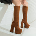Women's Boots – Knee-High – Tailored Fit – Suede – Chunky Heel – Platform – Back Zipper