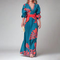 Dress for women – Maxi dress – V-neckline – Puff sleeves – Belt – Bold pattern