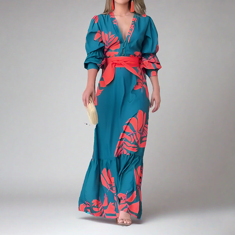 Dress for women – Maxi dress – V-neckline – Puff sleeves – Belt – Bold pattern