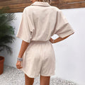 Women's Romper – Short-Sleeved – Light Cotton – Belt at Waist – Button Closure