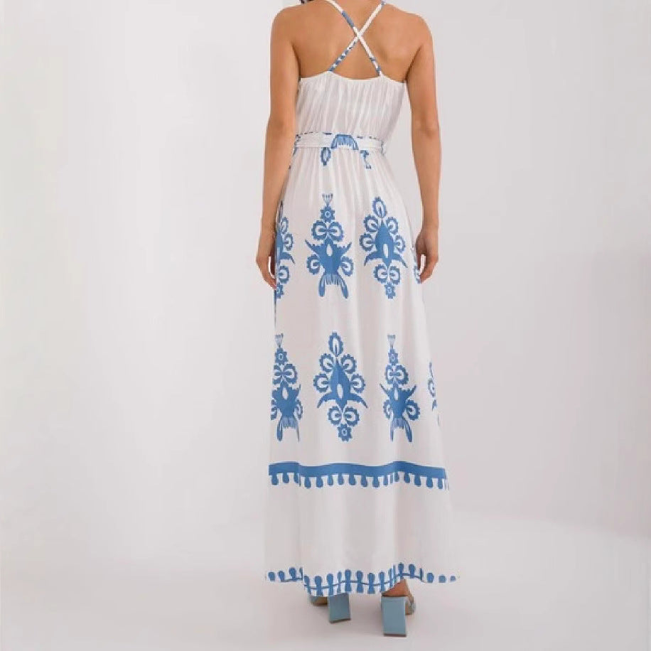 Women's Maxi Dress – Light Cotton – Sleeveless – V-Neck – Empire Waist – Printed Design