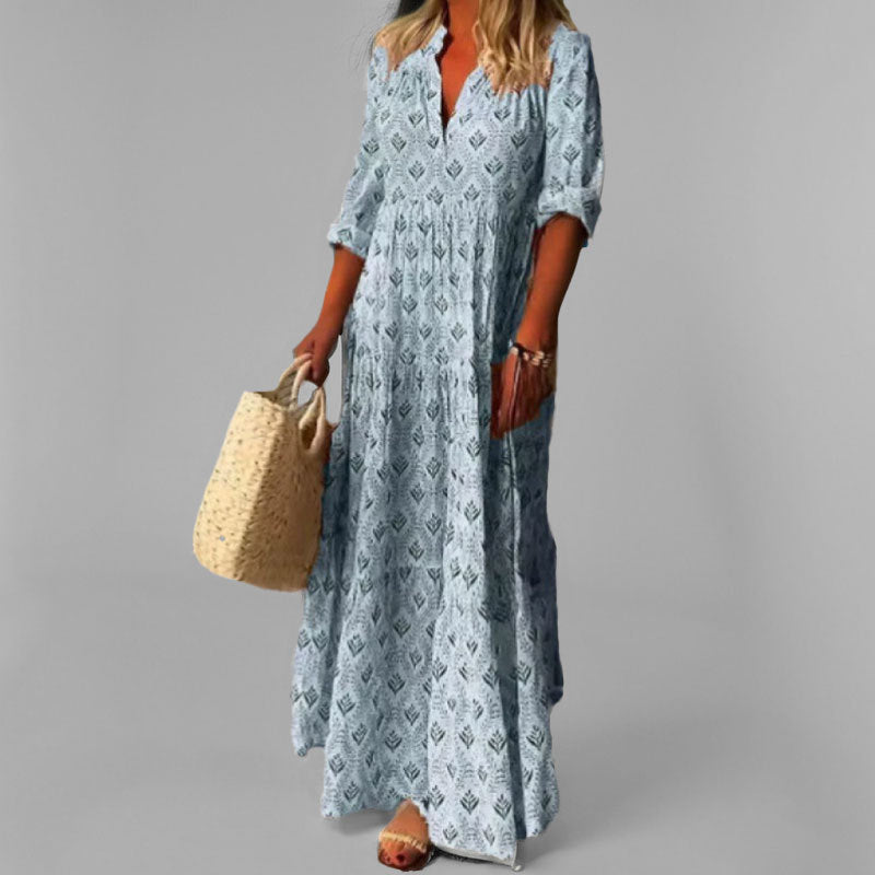Women's Maxi Dress – Light Cotton – Loose Fit – V-neck – Vintage Pattern – 3/4 Sleeves