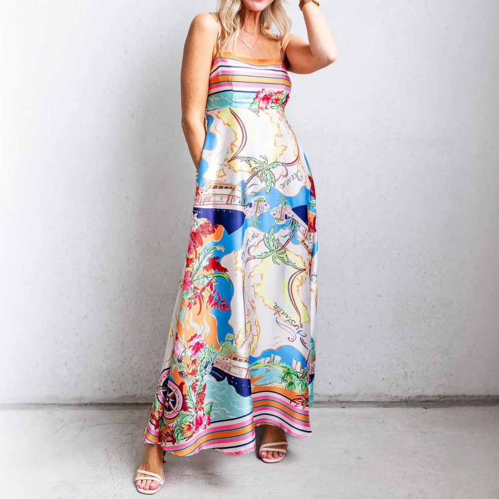 Silk Feel Printed Flowy Maxi Dress