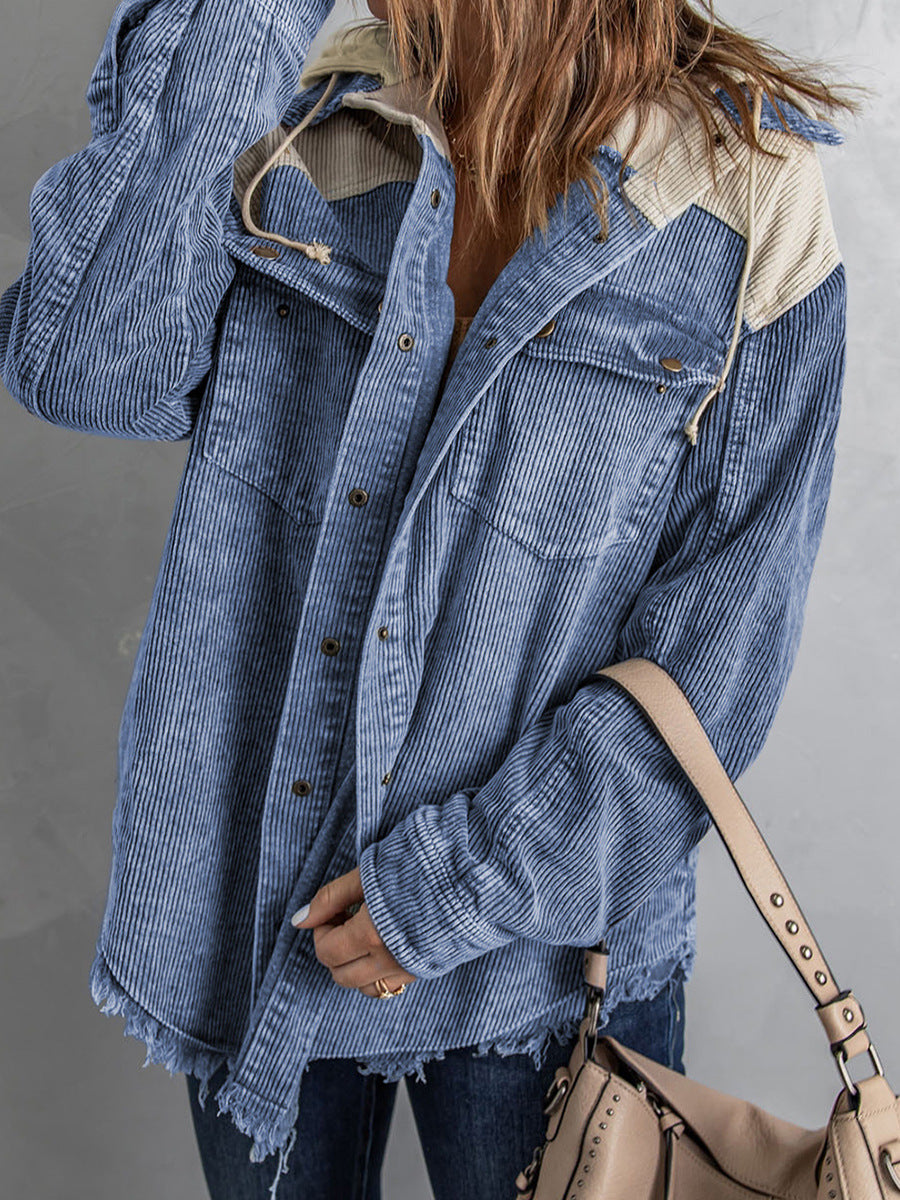 Corduroy Frayed Hem Oversized Hooded Jacket