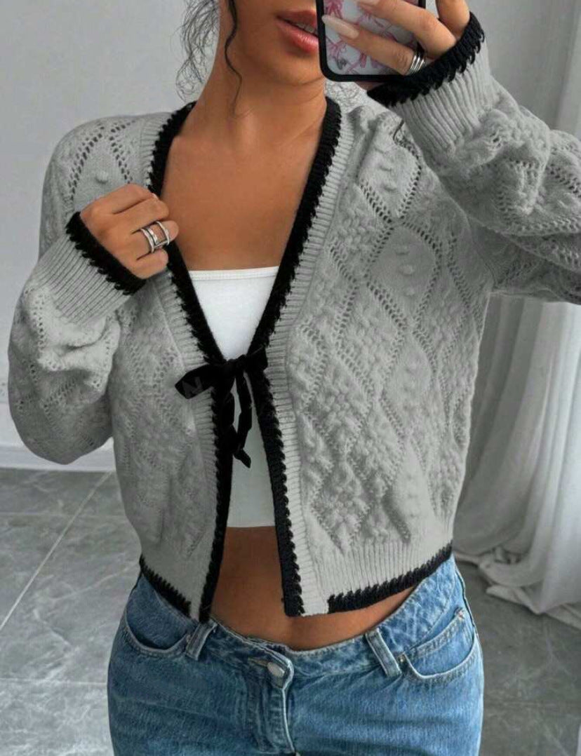 Women's Cardigan – Knit – Cropped Fit – Long Sleeves – Bow Closure – Casual