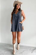 Women's Romper – Denim – Loose Fit – Sleeveless – Laced V-neck – Short Legs