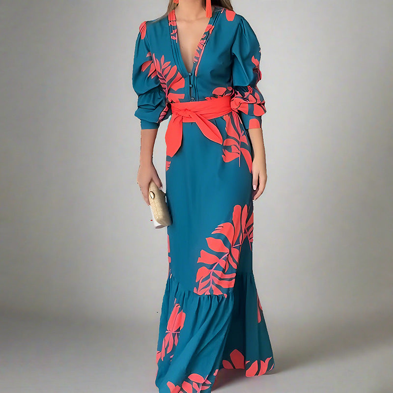 Bold Pattern Puff Sleeve Maxi Dress