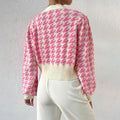 Women's Cardigan – Knit – Houndstooth Pattern – Balloon Sleeves – Short Fit – V-Neck