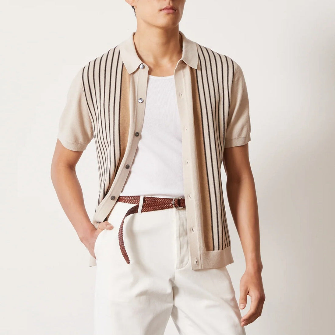 Relaxed Knit Vertical Stripe Polo Shirt