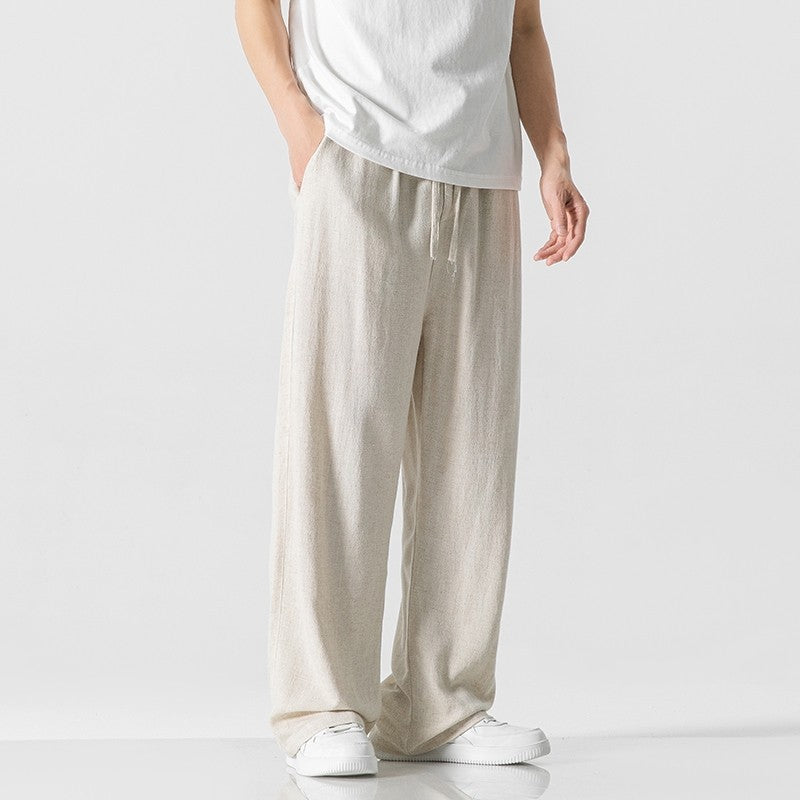 Men's Trousers – Linen Blend – Loose Fit – Drawstring Closure – Full Length