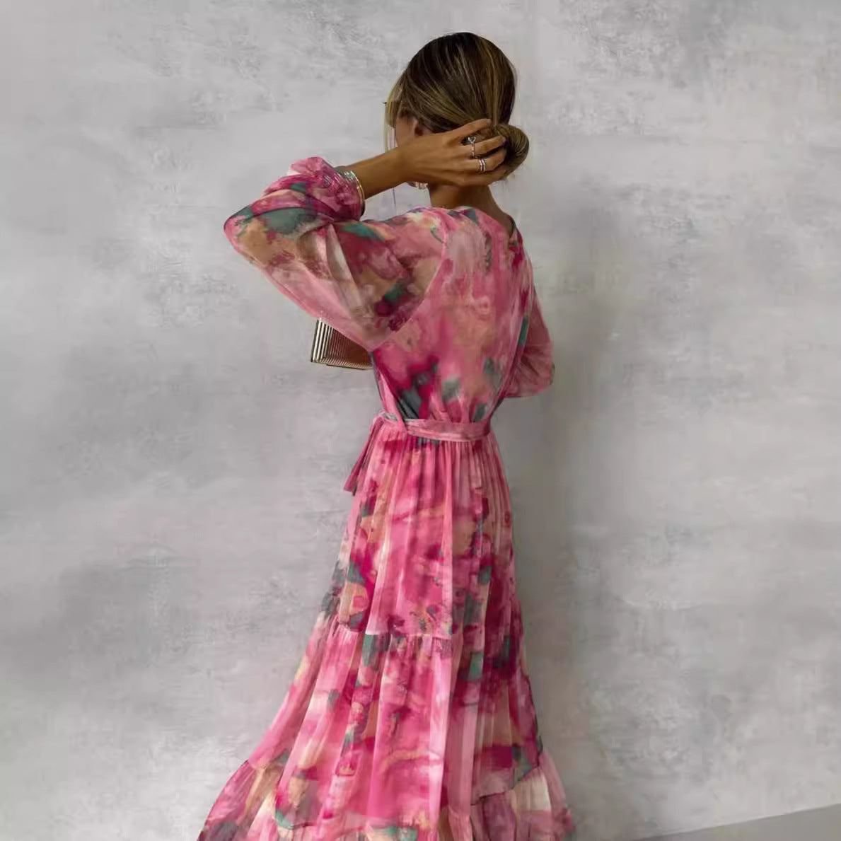 Women's Long Dress – V-Neck – Belt at Waist – Layered Skirt – Light and Breathable