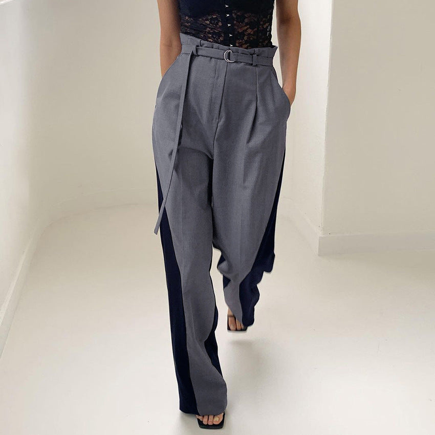 Women's Pants – High Waist – Wide Legs – Belt with Ring – Colorblock Design