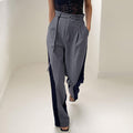 Women's Pants – Wide Leg – High Waist – Belt with Ring – Colorblock Design