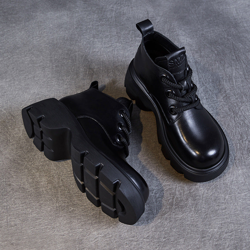 Women's Ankle Boots – Genuine Leather – High Shaft – Thick Sole – Lace-up Fastening