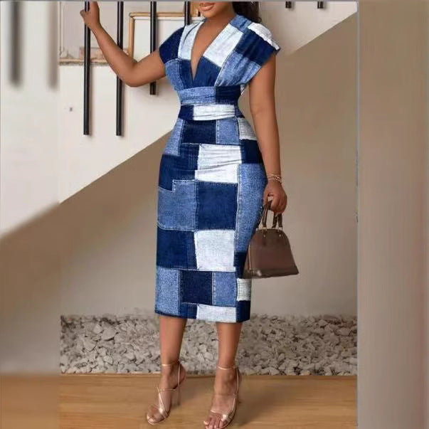 Women's Midi Dress – Slim Fit Bodycon – Patchwork Denim Look – V-Neck with Short Sleeves