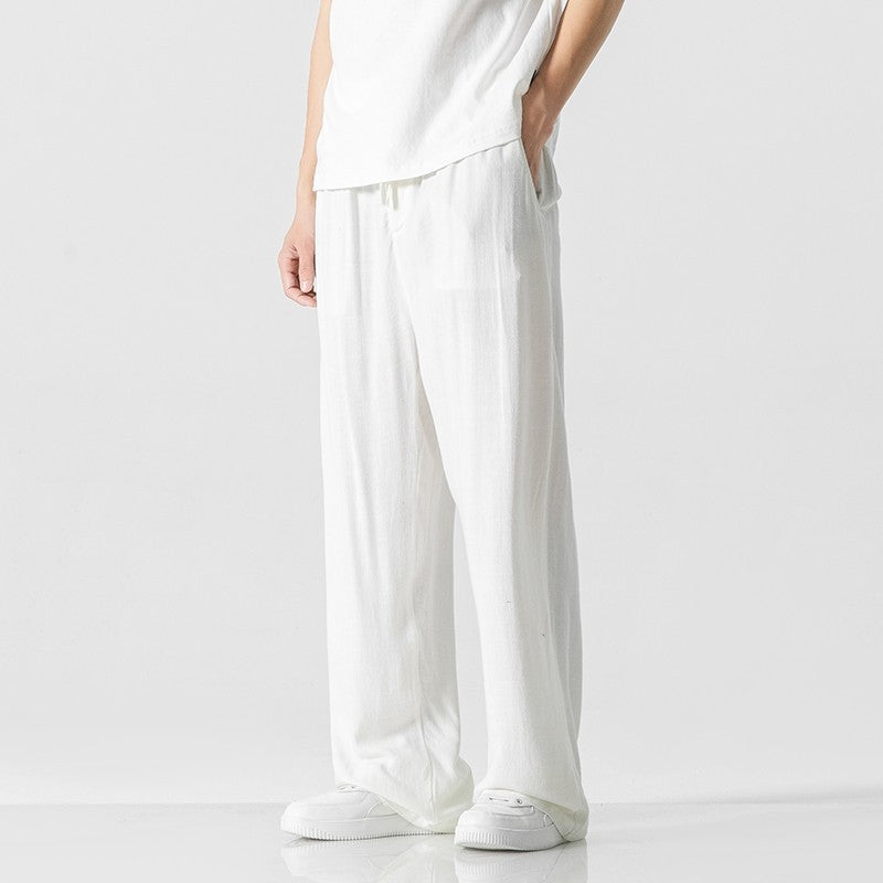 Men's Trousers – Linen Blend – Loose Fit – Drawstring Closure – Full Length