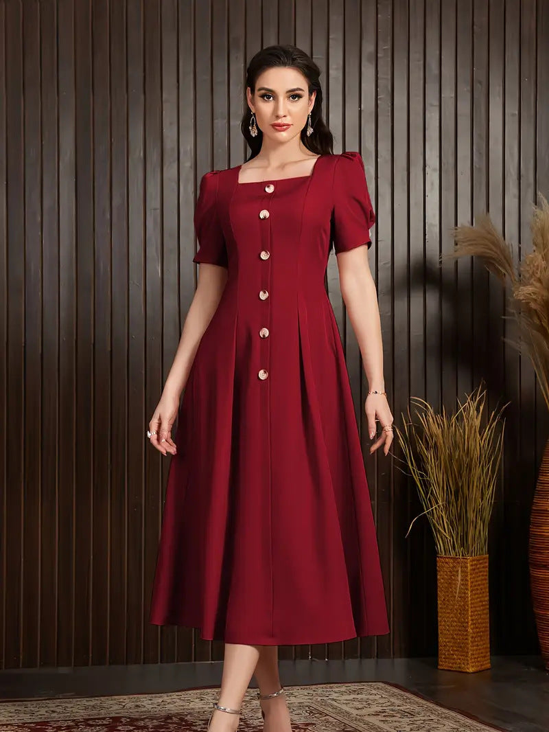 Women's Dress – Knit – Slim Fit – A-Line – Puff Sleeves – Button Closure – Midi