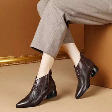 Leather Pointed Toe Low Heel Ankle Boots