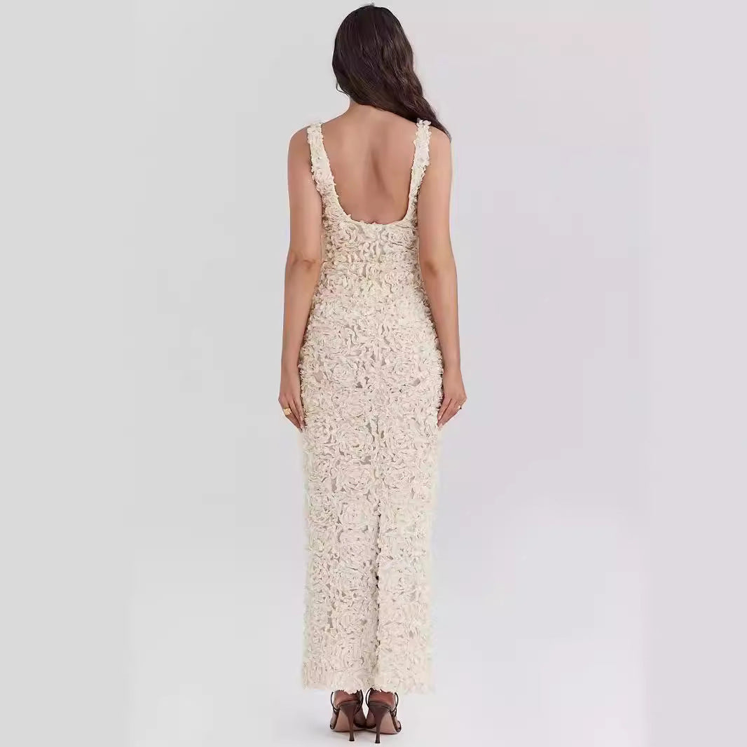 Dress for Women – Slim Fit – 3D Floral Texture – Sleeveless – Ankle-Length Party Dress