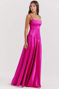 Women's Evening Dress – Satin – A-line Long Dress – Spaghetti Straps – Cut-out Waist