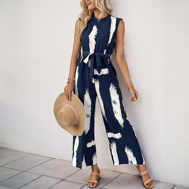 Light Printed Wide Leg Waist Tie Jumpsuit