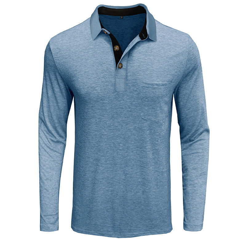 Men's Polo Shirt - Long-Sleeved - Soft Knit - Button Closure - Chest Pocket - Relaxed Fit