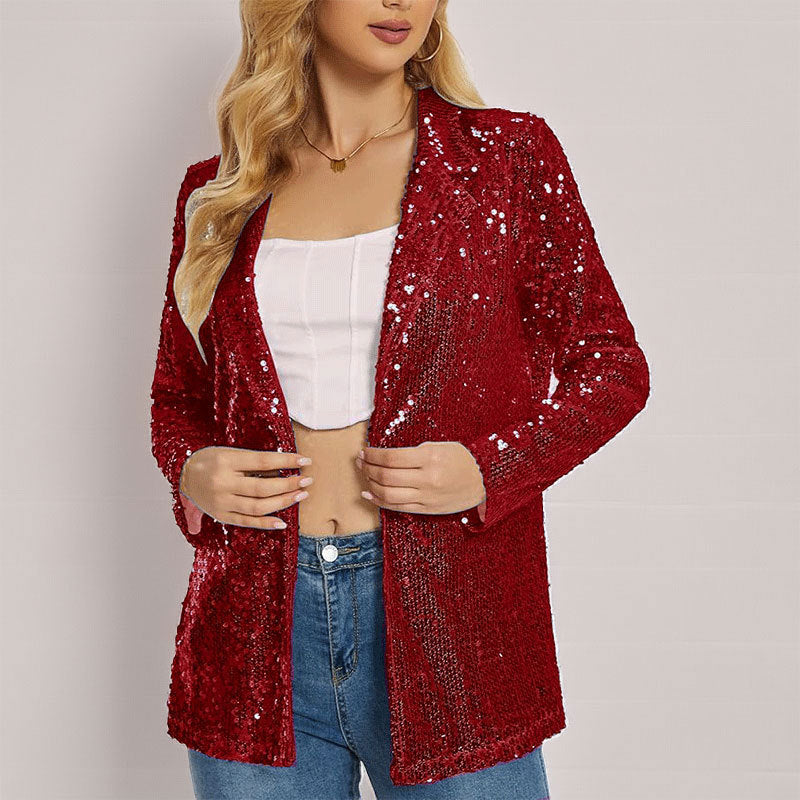 Women's Blazer – Sequin Coating – Tailored Fit – Open Front and Long Sleeves