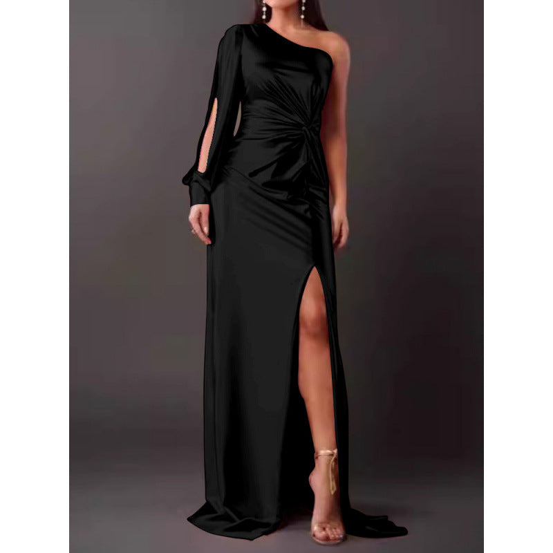 Dress for Women – Maxi Length – Single Shoulder – Satin – Slim Fit – High Slit