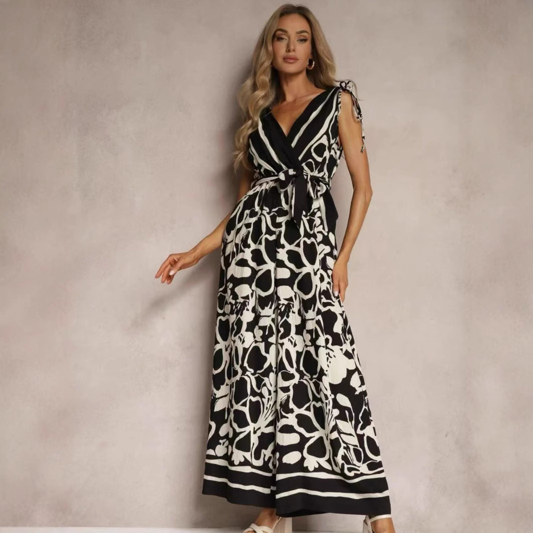 Printed Tie Belt Relaxed Fit Jumpsuit