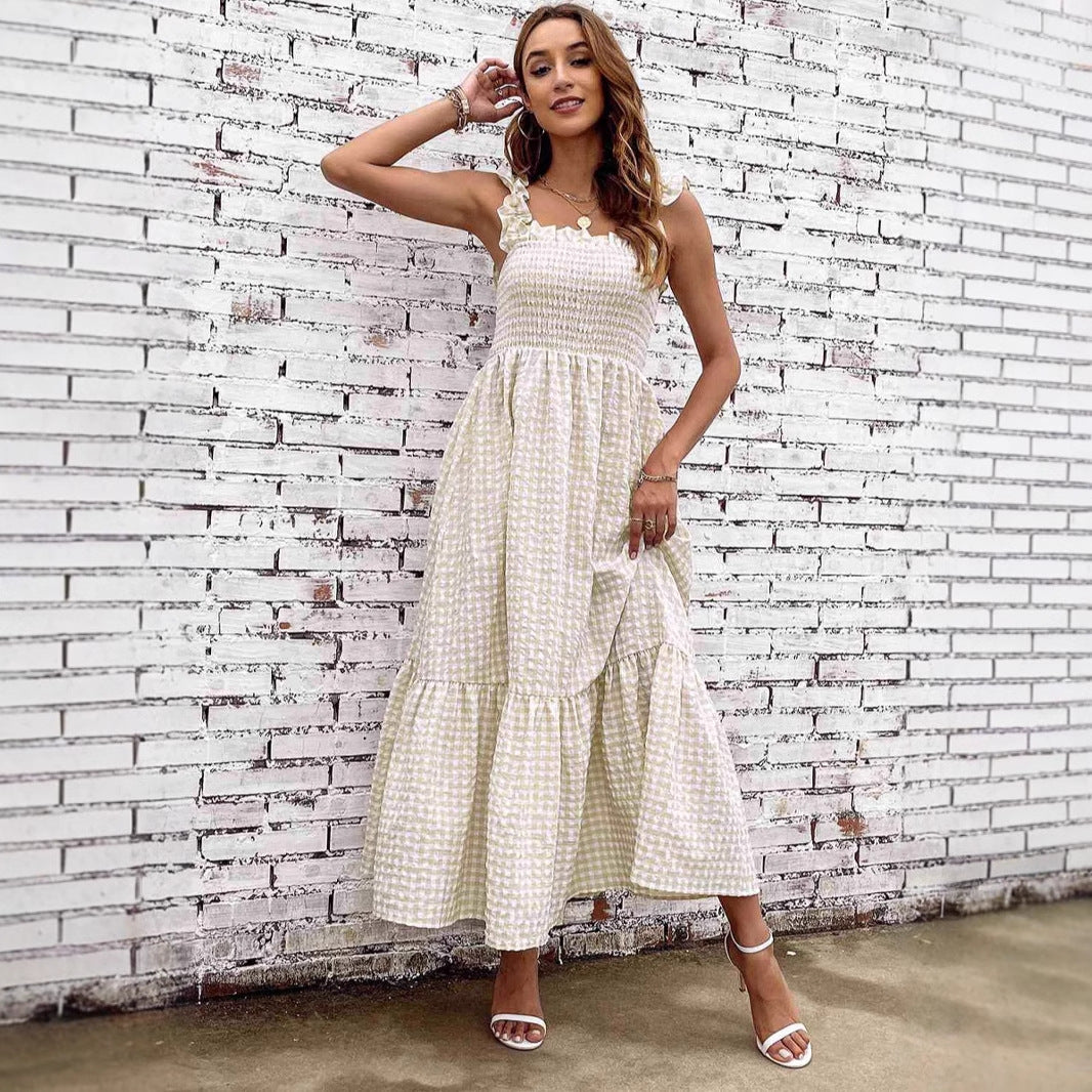 Women's A-line Dress – Smock Top – Spaghetti Straps – Checkered Maxi Skirt