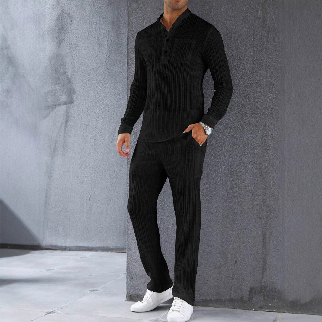 Men's set with shirt and pants – Slim fit – Ribbed texture – Light and breathable