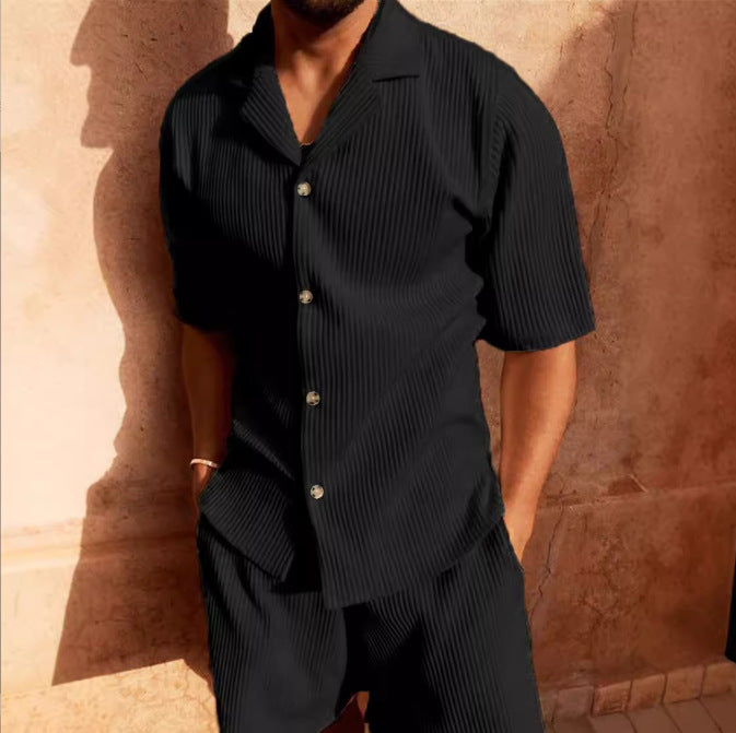 Men's Set – Relaxed Fit – Short-Sleeved Shirt and Shorts in Soft Velvet Texture