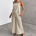 Women's Set – Sleeveless Top and Wide Pants – Cotton Linen – Relaxed Fit – Drawstring Waist