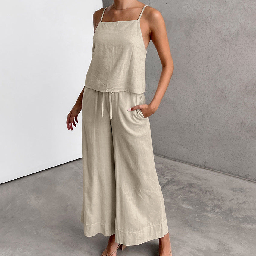 Women's Set – Sleeveless Top and Wide Pants – Cotton Linen – Relaxed Fit – Drawstring Waist