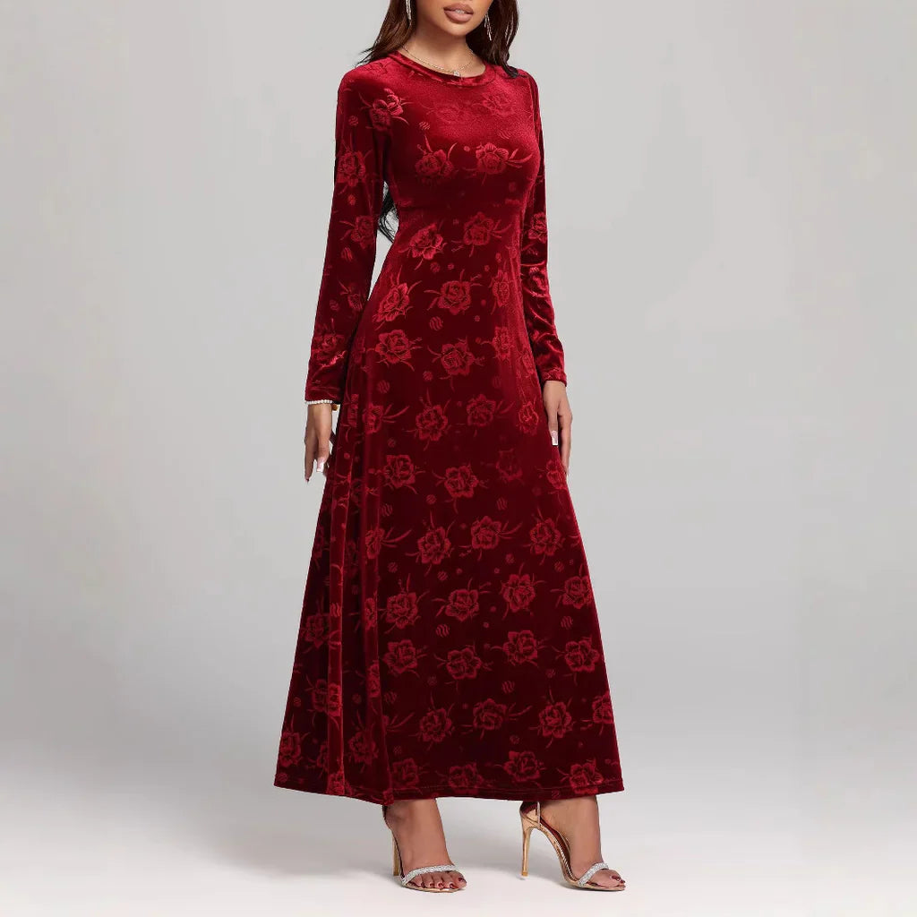 Velvet Floral Embossed A-Line Maxi Dress