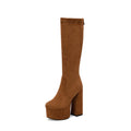 Women's Boots – Knee-High – Tailored Fit – Suede – Chunky Heel – Platform – Back Zipper